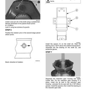 May include: Diagrams and instructions for mechanical assembly, including steps for installing pins, bearings, and seals. Text includes warnings about burns and the use of protective gloves. Measurements are in inches.