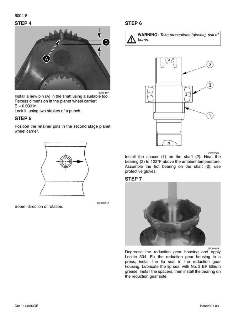 May include: Diagrams and instructions for mechanical assembly, including steps for installing pins, bearings, and seals. Text includes warnings about burns and the use of protective gloves. Measurements are in inches.