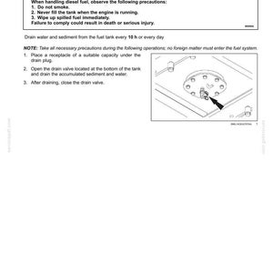 K&ouml;nnte beinhalten: Diagramm des Kraftstofftank-Ablassverfahrens. Das Bild enth&auml;lt eine Warnung vor Brandgefahren bei der Handhabung von Dieselkraftstoff, mit Anweisungen zum Vermeiden von Rauchen, zum Bef&uuml;llen des Tanks bei laufendem Motor und zum Aufwischen von versch&uuml;ttetem Kraftstoff. Es zeigt auch, wie man Wasser und Sediment abl&auml;sst.