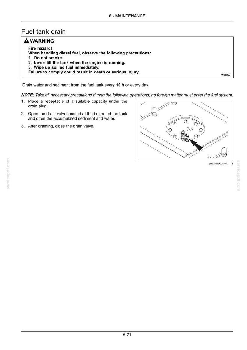 K&ouml;nnte beinhalten: Diagramm des Kraftstofftank-Ablassverfahrens. Das Bild enth&auml;lt eine Warnung vor Brandgefahren bei der Handhabung von Dieselkraftstoff, mit Anweisungen zum Vermeiden von Rauchen, zum Bef&uuml;llen des Tanks bei laufendem Motor und zum Aufwischen von versch&uuml;ttetem Kraftstoff. Es zeigt auch, wie man Wasser und Sediment abl&auml;sst.