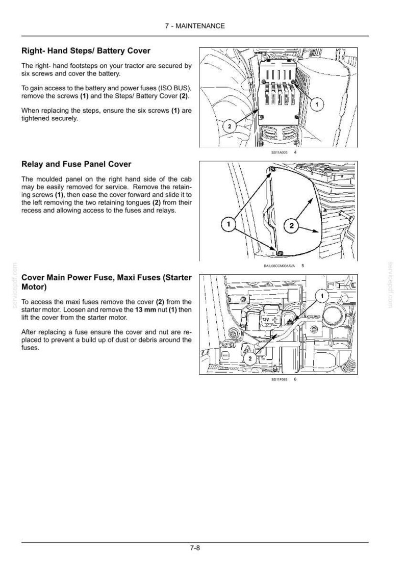 May include: A technical manual page titled 7-MAINTENANCE featuring three black and white line drawings of tractor components. The diagrams illustrate the Right-Hand Steps/Battery Cover, Relay and Fuse Panel Cover, and Main Power Fuse cover.