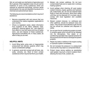 Puede incluir: Una p&aacute;gina de documento t&eacute;cnico titulada ECOLOGY AND THE ENVIRONMENT, que presenta listas numeradas de pautas de seguridad para el manejo de aceites, refrigerantes y combustibles, con instrucciones sobre protecci&oacute;n ambiental.