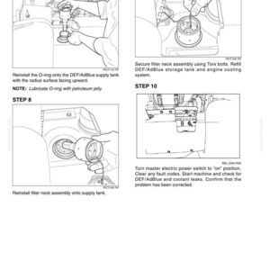 May include: A technical manual page featuring four black and white line drawings illustrating mechanical maintenance steps. The diagrams show the installation of an O-ring, a filler neck assembly, the use of Torx bolts, and a master electric power switch.