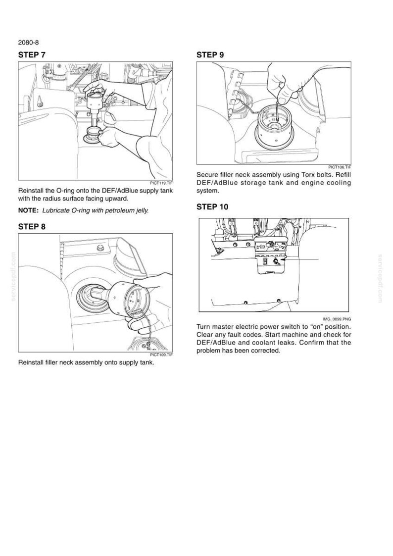 May include: A technical manual page featuring four black and white line drawings illustrating mechanical maintenance steps. The diagrams show the installation of an O-ring, a filler neck assembly, the use of Torx bolts, and a master electric power switch.