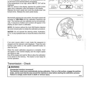 K&ouml;nnte beinhalten: Eine technische Handbuchseite mit dem Titel 7-MAINTENANCE, die Kalibrierungsverfahren f&uuml;r die Getriebe&ouml;ltemperatur eines Traktors beschreibt. Sie enth&auml;lt Strichzeichnungen eines Armaturenbrett-Displays mit 35C und einen Steuerhebel mit Taste 1.