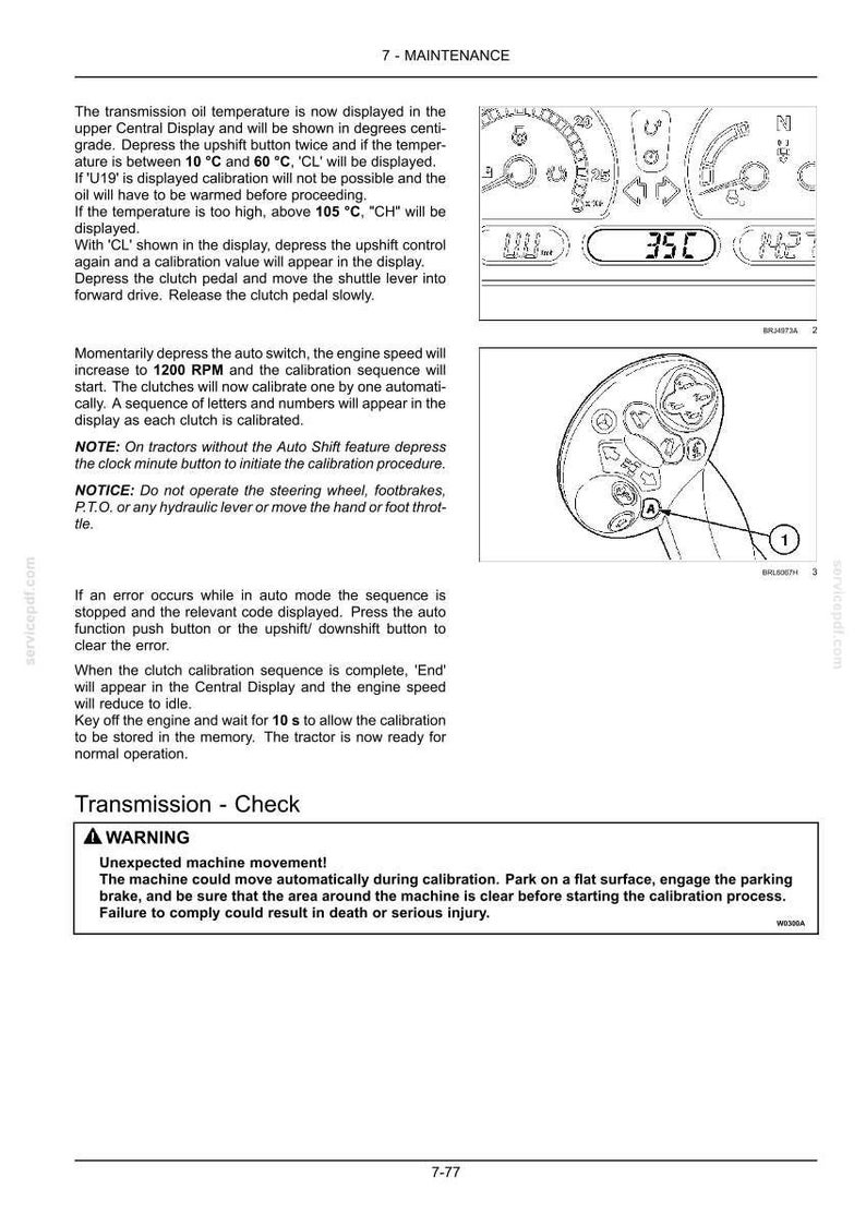 K&ouml;nnte beinhalten: Eine technische Handbuchseite mit dem Titel 7-MAINTENANCE, die Kalibrierungsverfahren f&uuml;r die Getriebe&ouml;ltemperatur eines Traktors beschreibt. Sie enth&auml;lt Strichzeichnungen eines Armaturenbrett-Displays mit 35C und einen Steuerhebel mit Taste 1.
