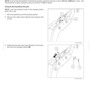 May include: Diagram illustrating the unlocking procedure for a backhoe thumb. The image includes detailed steps with numbered instructions and labeled components, such as the cotter hairpin and transport lock pin. The text provides instructions for the backhoe thumb.