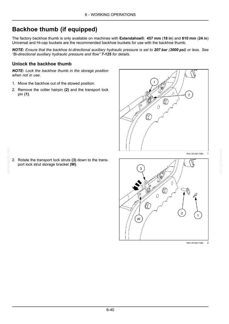 May include: Diagram illustrating the unlocking procedure for a backhoe thumb. The image includes detailed steps with numbered instructions and labeled components, such as the cotter hairpin and transport lock pin. The text provides instructions for the backhoe thumb.