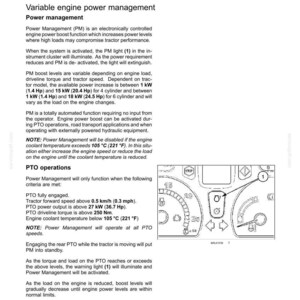 Puede incluir: Una p&aacute;gina de documento t&eacute;cnico titulada 6 - WORKING OPERATIONS, que detalla la gesti&oacute;n variable de la potencia del motor para tractores. Incluye texto que explica las funciones de aumento de potencia, operaciones de TDF y un diagrama de un panel.