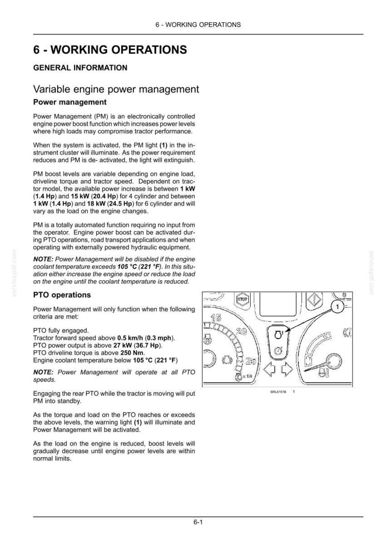 Puede incluir: Una p&aacute;gina de documento t&eacute;cnico titulada 6 - WORKING OPERATIONS, que detalla la gesti&oacute;n variable de la potencia del motor para tractores. Incluye texto que explica las funciones de aumento de potencia, operaciones de TDF y un diagrama de un panel.