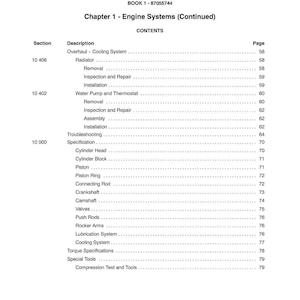May include: A page from a manual titled "SECTION 10 - ENGINE SYSTEMS." The table of contents lists engine components such as the radiator, water pump, cylinder head, piston, and crankshaft. The page number is 8.