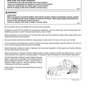 May include: Black and white line drawing of a road grader with safety information text. The text includes warnings about improper operation and injury prevention. The image is from a safety manual.
