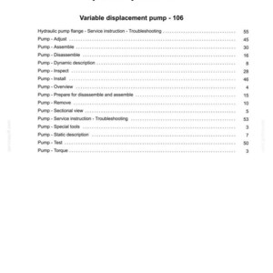 Pu&ograve; includere: Un documento bianco intitolato "Indice" con l'intestazione "Sistemi idraulici - 35". Il documento elenca argomenti relativi alle pompe idrauliche, tra cui "Pompa a cilindrata variabile - 106" e varie istruzioni di servizio e descrizioni.