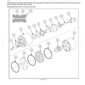 May include: Diagram of an auxiliary tank fill system feeder motor disassembly. The image shows various components labeled with numbers, including gears, seals, and a motor housing. Text at the top describes the system and the disassembly process.