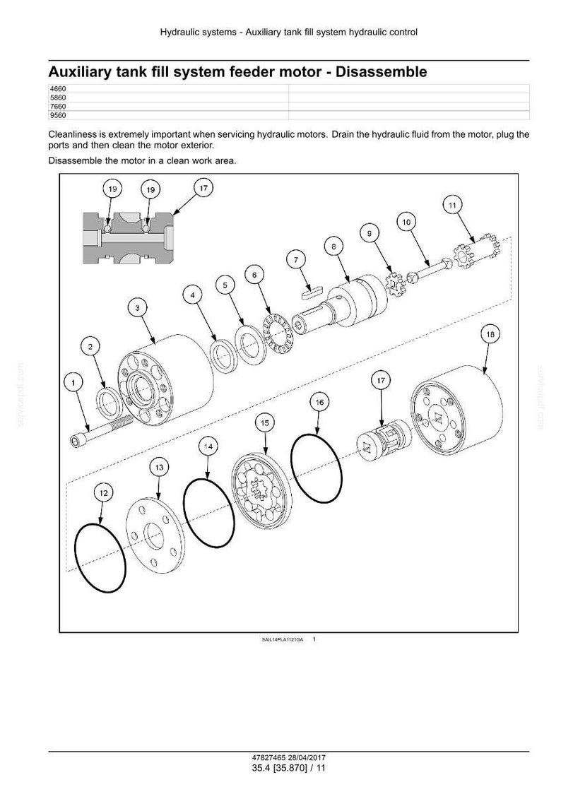 May include: Diagram of an auxiliary tank fill system feeder motor disassembly. The image shows various components labeled with numbers, including gears, seals, and a motor housing. Text at the top describes the system and the disassembly process.