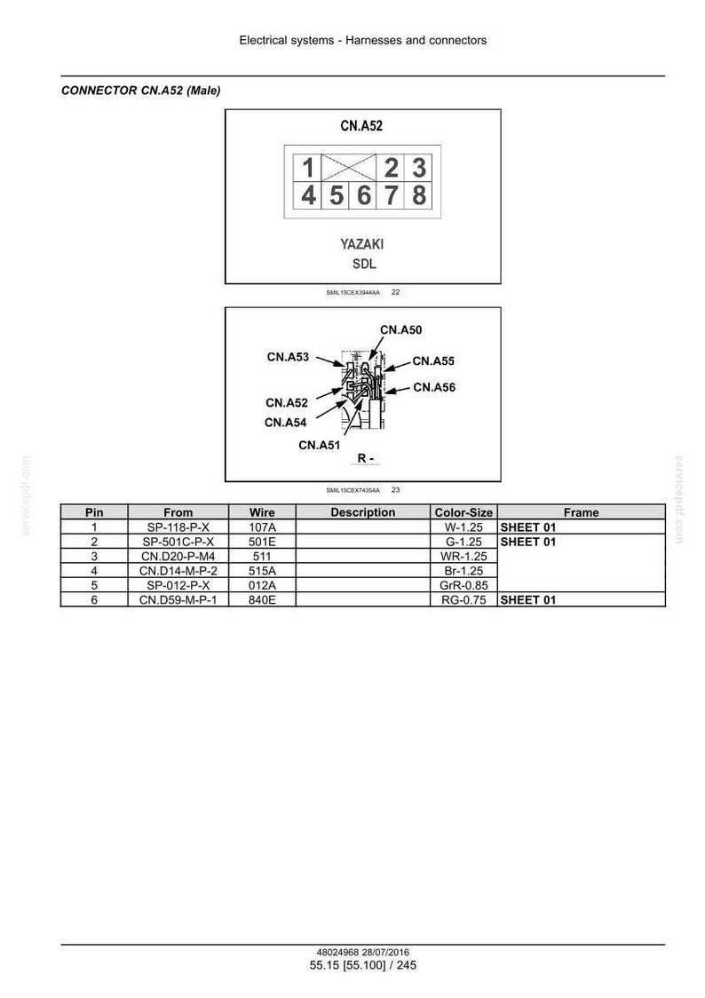 May include: Diagram of electrical connectors, labeled CN.A52, CN.A53, CN.A50, CN.A55, CN.A56, CN.A54, and CN.A51. Includes a table with pin, wire, description, and color-size information. The text "YAZAKI SDL" is also present.