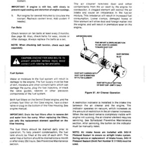 May include: A page from a manual detailing the mechanical system of an engine. It includes instructions on coolant, fan belts, and the fuel system. An exploded diagram illustrates the air cleaner operation, with labels for air entry, dust cup, and filter element.