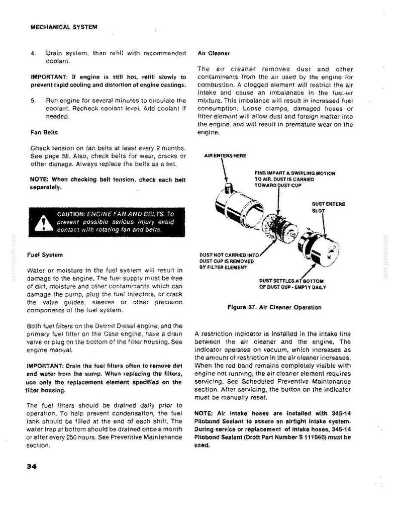 May include: A page from a manual detailing the mechanical system of an engine. It includes instructions on coolant, fan belts, and the fuel system. An exploded diagram illustrates the air cleaner operation, with labels for air entry, dust cup, and filter element.
