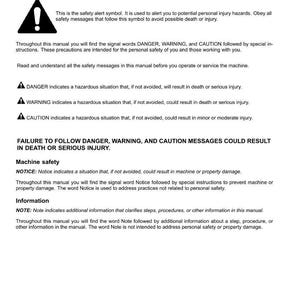 May include: A page from a manual with safety rules. It includes a safety alert symbol, and sections on personal and machine safety. The text explains the meaning of DANGER, WARNING, CAUTION, and NOTICE.