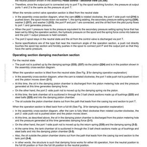 May include: Technical diagram of a hydraulic foot control system, detailing pressure reduction and damping mechanisms. Includes component labels and cross-sectional views for clarity. Text includes specifications and operational descriptions.