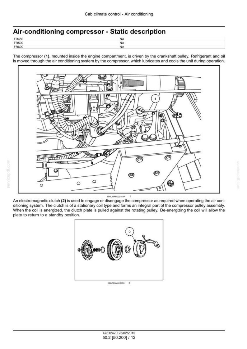 May include: Diagram of an air-conditioning compressor with static description. The image shows the compressor and its components, including an electromagnetic clutch. Text includes part numbers and operational details.