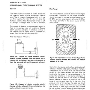 May include: Technical diagram from DROTT CRUZ-AIR showing hydraulic system components. Includes diagrams of simple hydraulic circuits, gear type pump cross-sections, and descriptions of the reservoir and main pumps.