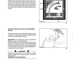 May include: A page from a manual with diagrams and text. The top section details a test switch with a diagram of a control panel. The bottom section describes a button to prevent overturning. The text includes warnings and operational instructions.