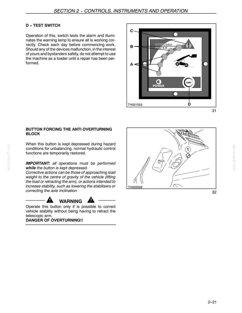 May include: A page from a manual with diagrams and text. The top section details a test switch with a diagram of a control panel. The bottom section describes a button to prevent overturning. The text includes warnings and operational instructions.