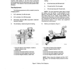 May include: Diagram of alternator and voltage regulator testing equipment, including battery post adapters, voltmeters, and test lamps. Text details the testing process and equipment specifications for automotive electrical systems.
