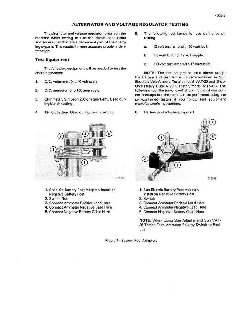 May include: Diagram of alternator and voltage regulator testing equipment, including battery post adapters, voltmeters, and test lamps. Text details the testing process and equipment specifications for automotive electrical systems.