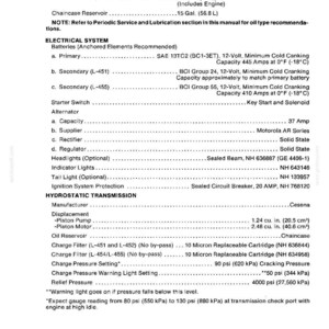May include: A technical document page titled CAPACITIES, ELECTRICAL SYSTEM, and HYDROSTATIC TRANSMISSION. It lists specifications for fuel tank, radiator, batteries, alternator, and transmission components with values in imperial and metric units.