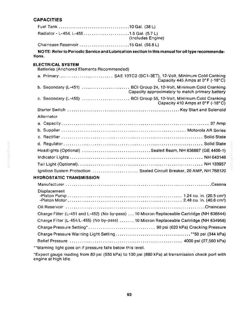 May include: A technical document page titled CAPACITIES, ELECTRICAL SYSTEM, and HYDROSTATIC TRANSMISSION. It lists specifications for fuel tank, radiator, batteries, alternator, and transmission components with values in imperial and metric units.