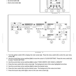 Puede incluir: Diagrama del panel de control de un veh&iacute;culo con instrucciones de configuraci&oacute;n del reloj. Incluye una pantalla de reloj digital que muestra las 12:45, junto con botones para men&uacute;, zumbador y flechas arriba/abajo. El texto explica c&oacute;mo ajustar el reloj.