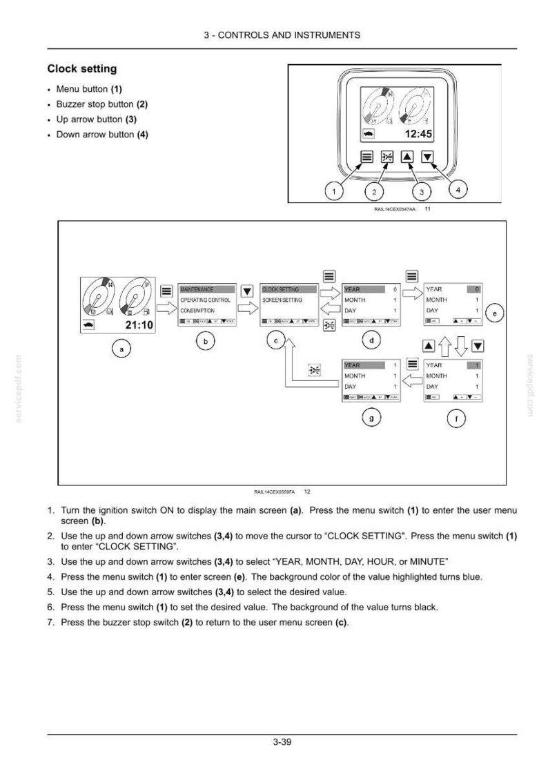 Puede incluir: Diagrama del panel de control de un veh&iacute;culo con instrucciones de configuraci&oacute;n del reloj. Incluye una pantalla de reloj digital que muestra las 12:45, junto con botones para men&uacute;, zumbador y flechas arriba/abajo. El texto explica c&oacute;mo ajustar el reloj.