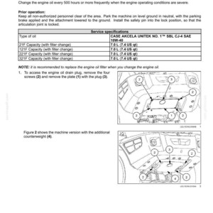 May include: A page from a maintenance manual detailing engine oil change procedures. Includes a table with oil specifications and diagrams illustrating the process, with labels and numbers for each step. The text includes the phrase "Engine oil - Change".