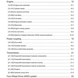 May include: A white document titled "Contents" with a list of engine and transmission components. Sections include engine, power coupling, transmission, and four-wheel drive systems. The document is dated 22/02/2018.