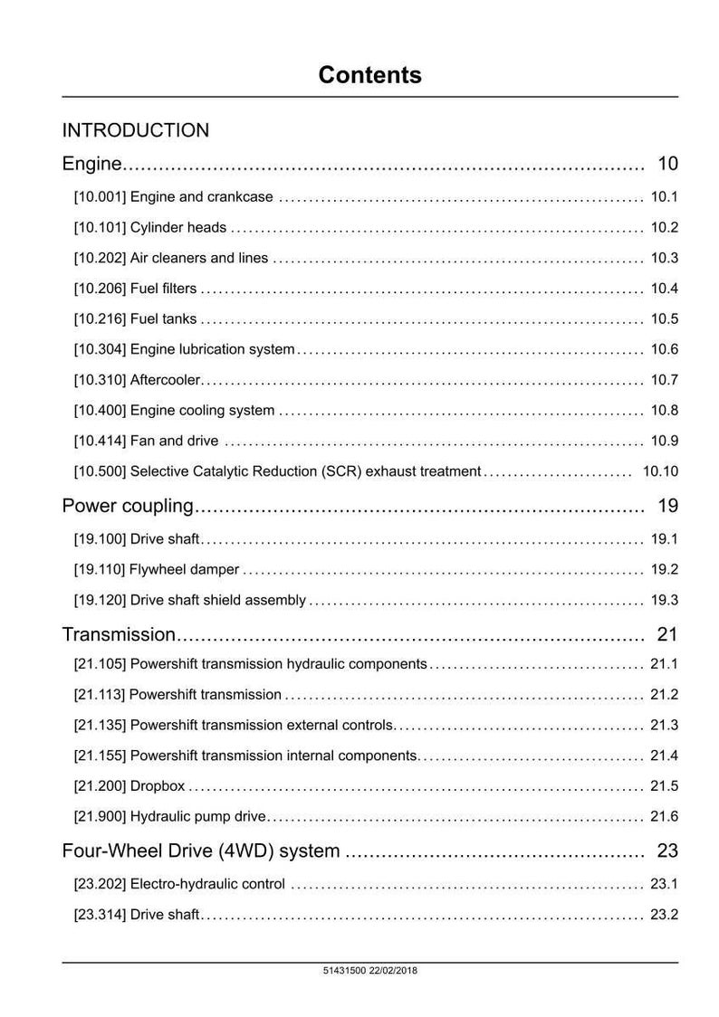 May include: A white document titled "Contents" with a list of engine and transmission components. Sections include engine, power coupling, transmission, and four-wheel drive systems. The document is dated 22/02/2018.