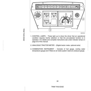 May include: A technical diagram of a tractor instrument panel labeled INSTRUMENTS/OPERATING CONTROLS. It features a row of control lamps, an analogue tractor meter, and a combination instrument containing a fuel gauge and water temperature gauge.