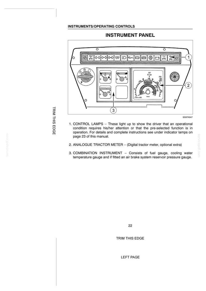 May include: A technical diagram of a tractor instrument panel labeled INSTRUMENTS/OPERATING CONTROLS. It features a row of control lamps, an analogue tractor meter, and a combination instrument containing a fuel gauge and water temperature gauge.