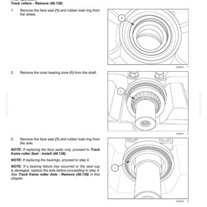 May include: Diagram illustrating the disassembly of track rollers, with numbered steps and close-up views of the components. Includes text instructions for removing seals and rings, with notes on further procedures.