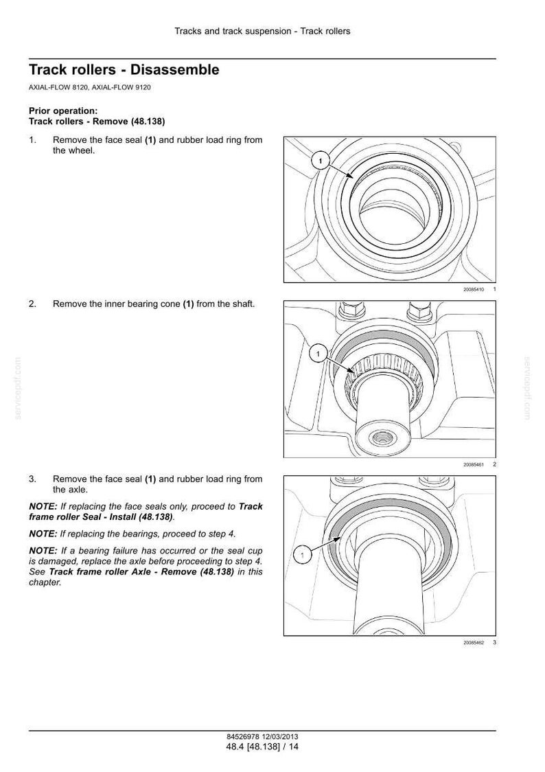 May include: Diagram illustrating the disassembly of track rollers, with numbered steps and close-up views of the components. Includes text instructions for removing seals and rings, with notes on further procedures.