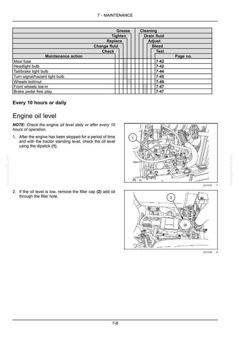 May include: A technical maintenance page for a tractor featuring a table of maintenance actions, page numbers, and instructions for checking engine oil level. Includes two black and white line drawings of an engine with numbered callouts.