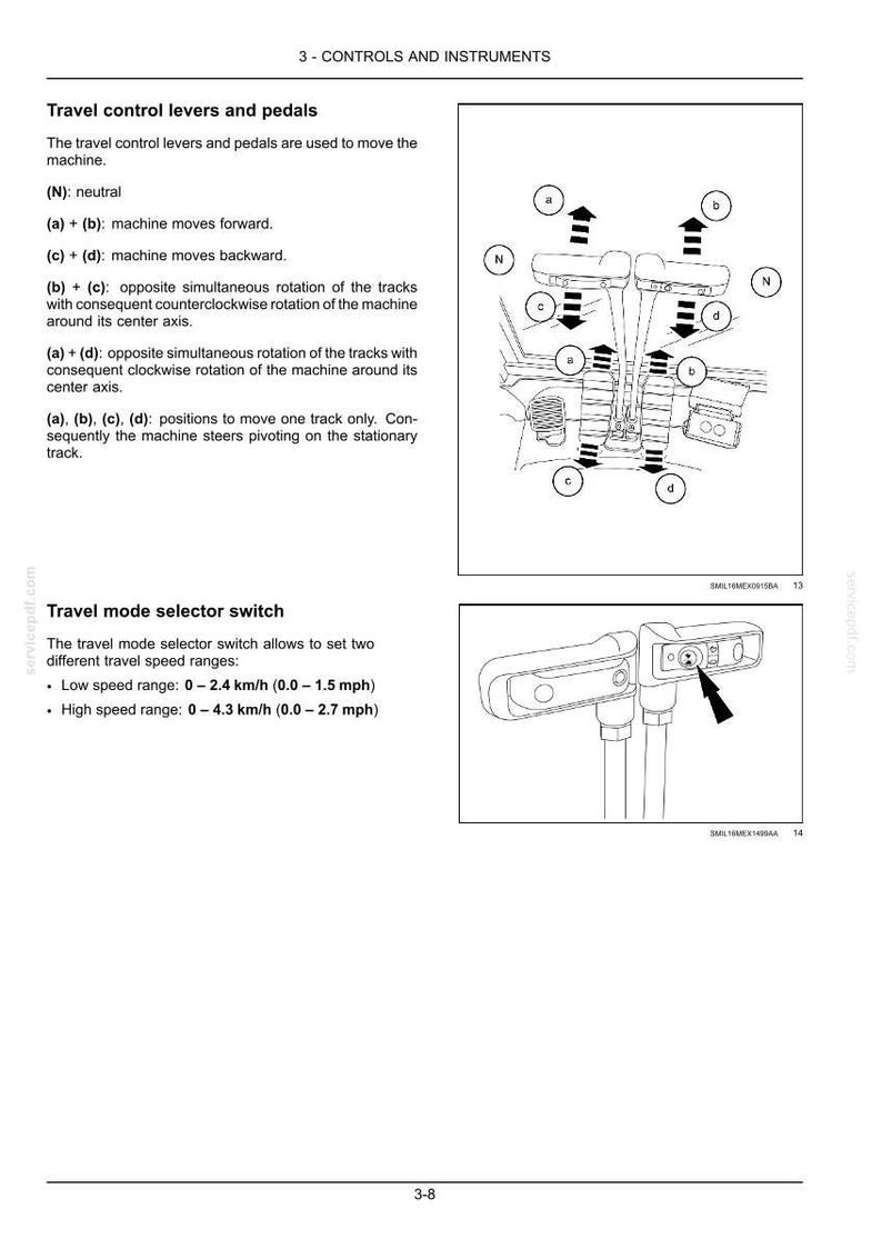 May include: A technical manual page titled 3 - CONTROLS AND INSTRUMENTS showing black and white line drawings of travel control levers, pedals, and a travel mode selector switch with labels N, a, b, c, and d, plus speed ranges 0-1.5 mph and 0-2.7 mph.
