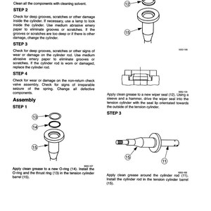May include: Diagram of mechanical components with labels and instructions. Includes illustrations of parts like O-rings, cylinder rods, and wiper seals. Text details inspection steps and assembly procedures.
