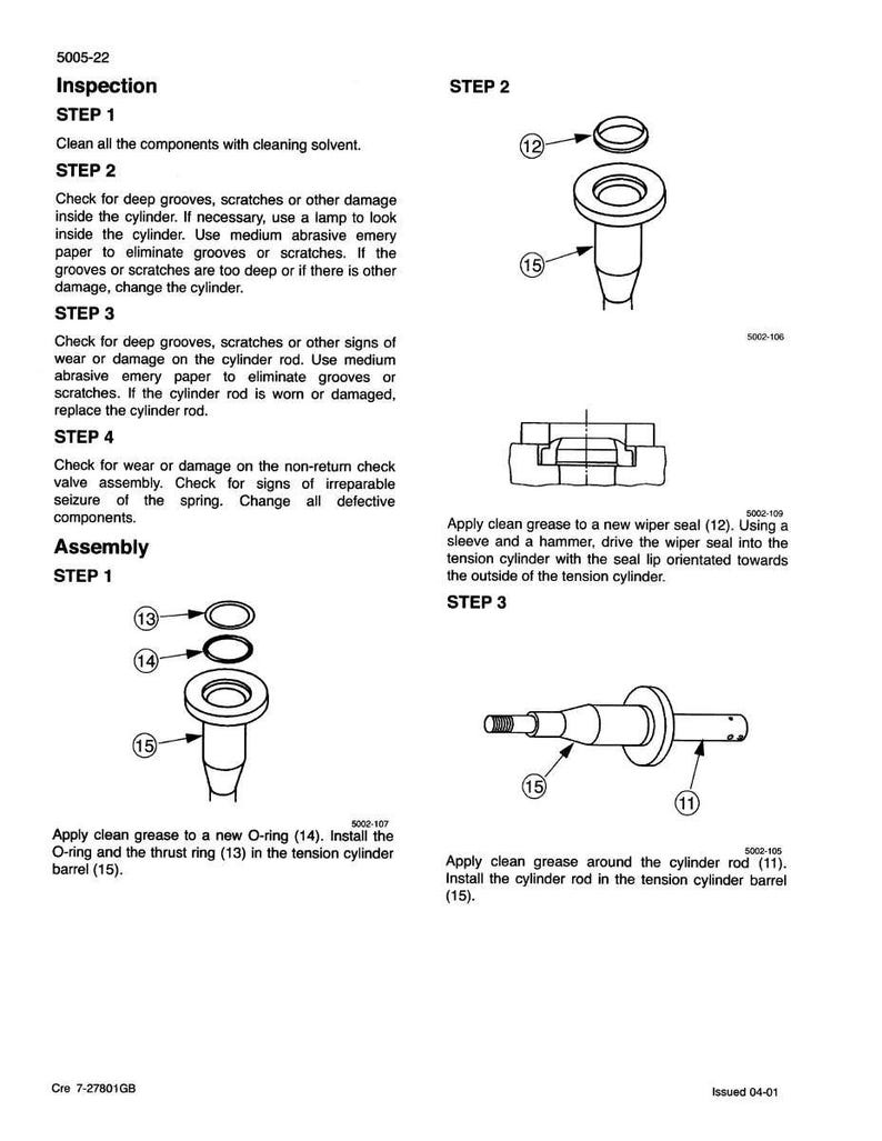 May include: Diagram of mechanical components with labels and instructions. Includes illustrations of parts like O-rings, cylinder rods, and wiper seals. Text details inspection steps and assembly procedures.