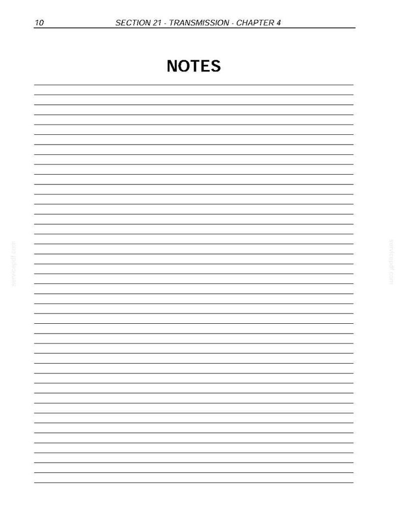 May include: A white page with horizontal black lines for writing notes. The word "NOTES" is centered at the top, with the text "SECTION 21 - TRANSMISSION - CHAPTER 4" above it. The number "10" is in the top left corner.