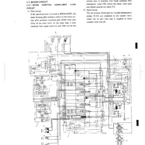 K&ouml;nnte beinhalten: Eine technische Dokumentenseite mit dem Titel 4.2 BOOM CIRCUIT, 4.2.1 BOOM HOISTING CONFLUENT FLOW CIRCUIT, die ein komplexes schwarz-wei&szlig;es hydraulisches Schaltbild mit der Beschriftung Fig. 9 Boom hoisting operation und Textbl&ouml;cken zeigt.