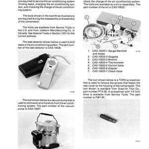 May include: An informational page titled "SPECIAL TOOLS" with illustrations of tools for servicing air conditioning systems. Includes a gauge manifold, goggles, wrench, thermometer, control valve, adapter, and check valve. Also shows a vacuum pump and a TORX screwdriver.