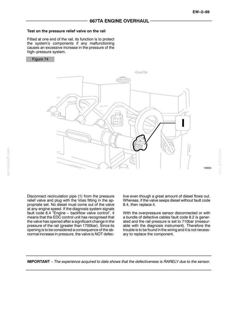 May include: Diagram of an engine component with text, "667TA ENGINE OVERHAUL" and "Test on the pressure relief valve on the rail". Includes a close-up of a valve and related parts, with arrows and labels.
