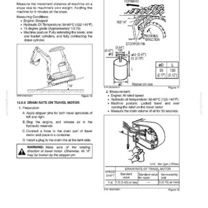 May include: Technical diagram from a manual detailing maintenance procedures for a machine. Includes diagrams for movement drift, drain rate, and stopper pin sizes. Measurements are in inches and degrees Fahrenheit.